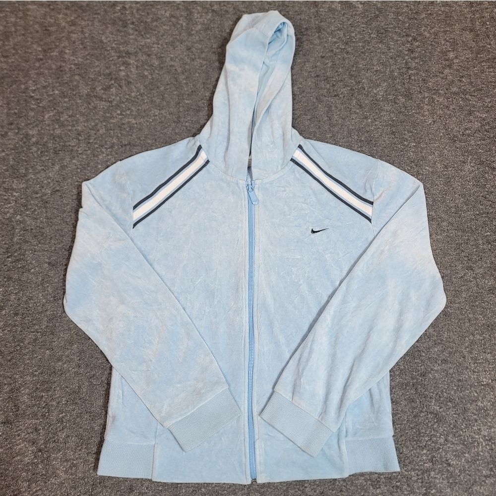 Vintage Y2K Nike Velour Zip Up Hoodie Women’s M Light Blue Stripe Track Jacket